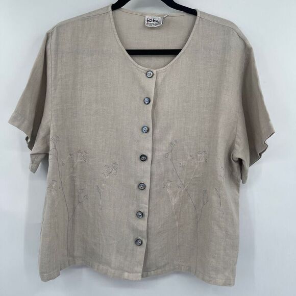 Kiko Comfortable Clothing Tan Linen Embroidered Button Up Tunic Blouse One Size - Picture 1 of 7